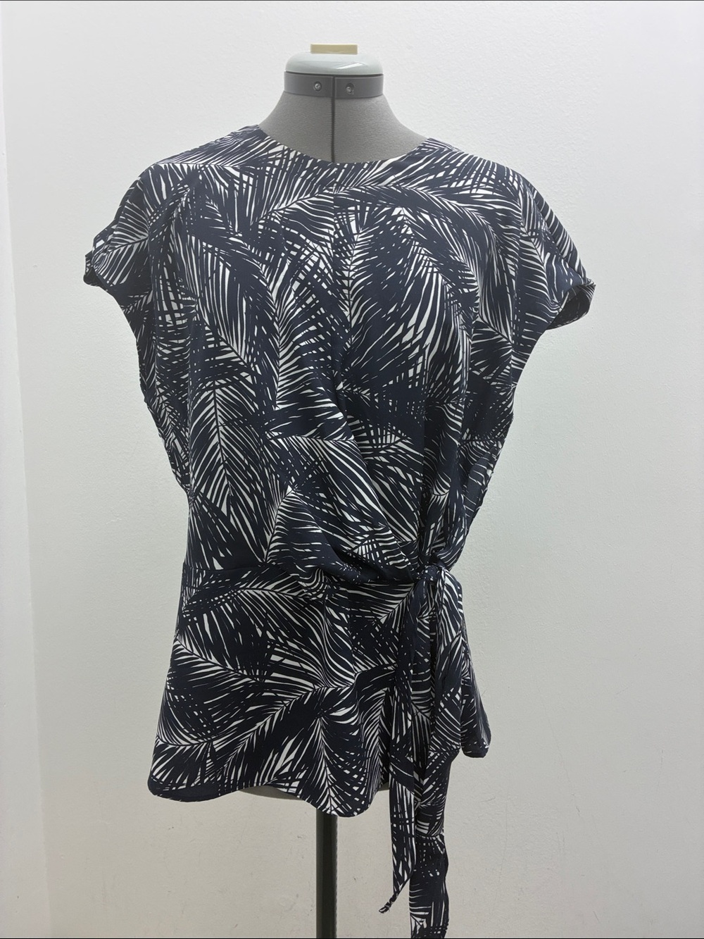Michael Kors Navy and White Palm-Print Tie-Detail Blouse